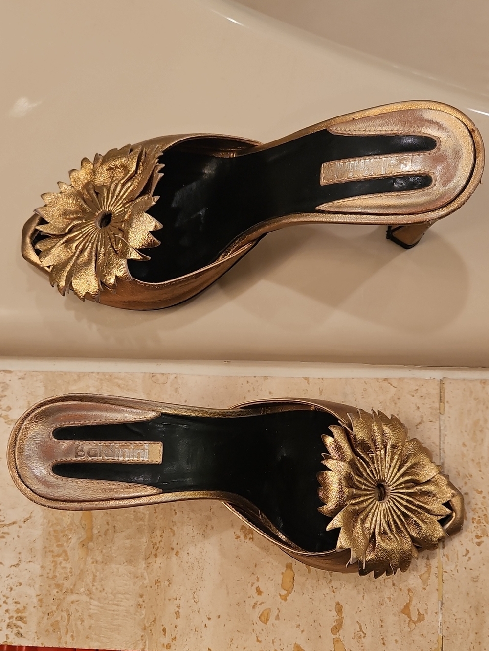 Baldinini Metallic Gold Floral Leather Mules